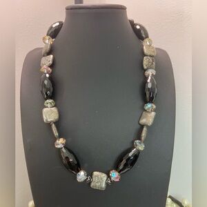 Donna Dressler Pyrite AB & Black Glass Bead Necklace w/925 Clasp 21” D5